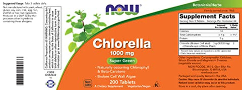 NOW Foods - Now Chlorella 1000mg Tablets – 200 Unidades (Pacote com 2) – Clorofila Natural, Beta-Caroteno – Não-OGM, Vegano – Suplemento Alimentar Verde para Mulheres e Homens