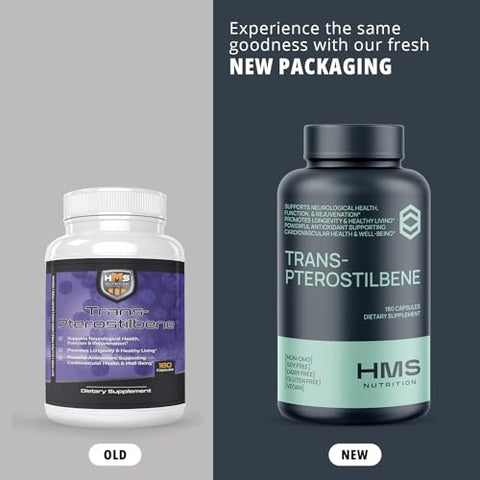 HMS Nutrition - Potente Trans-Pterostilbeno – 200mg, 180 Cápsulas Veganas – Antioxidante – Sem Glúten, Soja