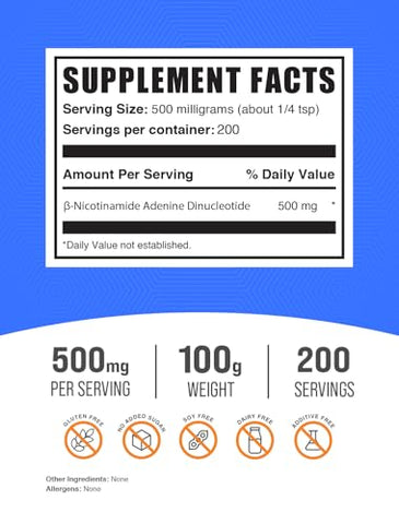 com NAD em Pó – Nicotinamida Adenina Dinucleotídeo, Suplemento NAD 500mg – para Suporte Energético, Puro - BulkSupplements