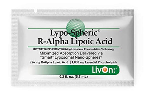 Lypo-Spheric Ácido Alfa Lipóico R-Alpha – 30 Pacotes – 226mg Por Pacote – Encapsulado em Lipossomas para Máxima Bioacessibilidade – 100%% Não-OGM - LivOn Laboratories