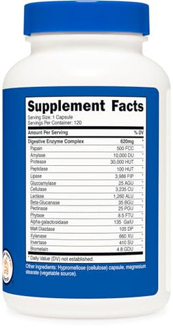Enzimas Digestivas 620mg, 120 Cápsulas – Suplemento Completo de Enzimas Digestivas - Nutricost