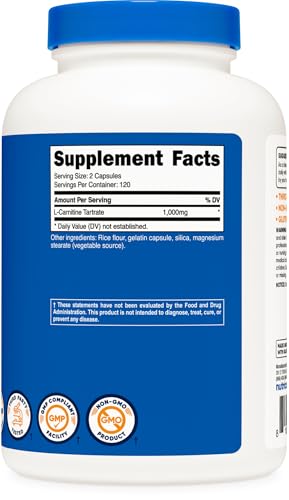 L-Carnitina Tartarato 1.000mg, 240 Cápsulas – 500mg por Cápsula, 120 Porções - Nutricost