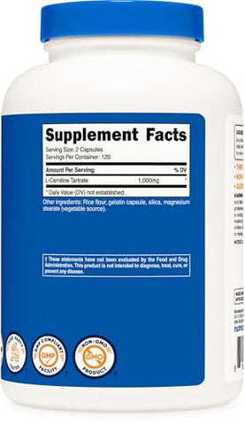 L-Carnitina Tartarato 1.000mg, 240 Cápsulas – 500mg por Cápsula, 120 Porções - Nutricost