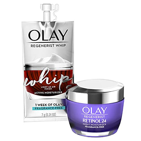 Regenerist Retinol Moisturizer 24 Noite Creme Facial com Niacinamida, Anti-Rugas Sem Fragrância 50ml + Olay Whip Tamanho Viagem para Pele Seca - Olay