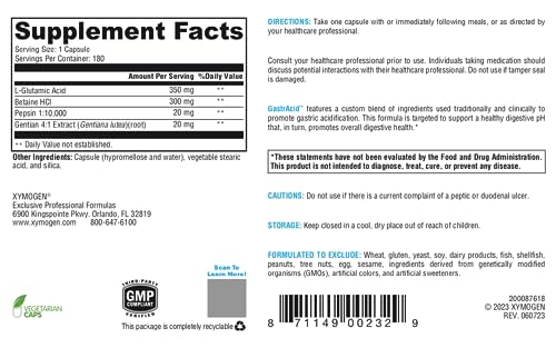GastrAcid – Betaine HCl com Pepsina, Ácido L-Glutâmico, Raiz de Genciana e Amargos Digestivos para Apoiar a Digestão, Absorção de Nutrientes e pH Gástrico Saudável – Saúde Digestiva - XYMOGEN