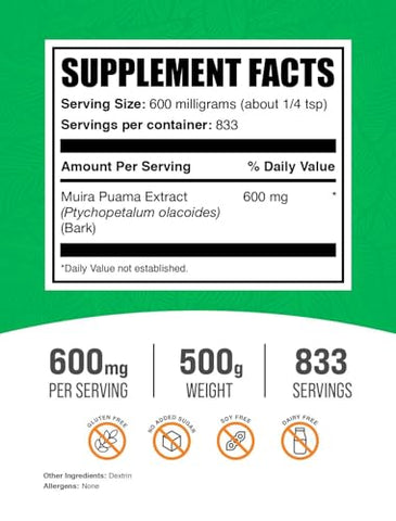 Muira Puama Extract Powder BulkSupplements.com – Suplemento de Muira Puama em Pó, da Casca de Muira Puama – Herbal, Sem Glúten, 600mg por Porção, 500g (1.1 lbs) (Pacote de 1)