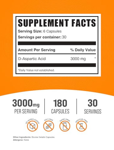 com Cápsulas de Ácido D-Aspártico – Suplemento DAA para Homens | 100% Puro e Potente - BulkSupplements