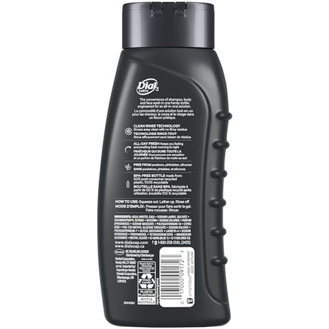 Men 3 em 1 Gel de Banho, Cabelo e Rosto, Hidro Fresh, 473 ml, Pack com 6 unidades - Dial