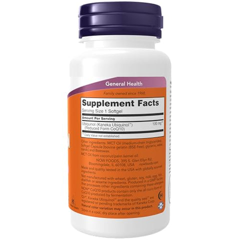 Ubiquinol 100 mg – Alta Bioacessibilidade (a Forma Ativa de CoQ10) – 60 Softgels - NOW Foods