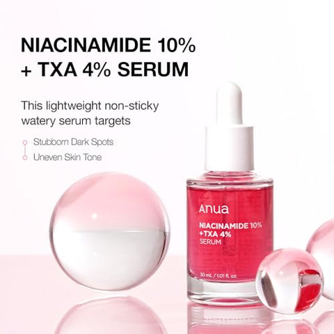 ANUA - Anua Serum Niacinamida 10%% Ácido Tranexâmico 4%%, Ceramida, Ácido Hialurônico, Vitamina B12 cor natural, para pele sensível, Efeito Vidro Coreano, Sem Fragrância (30ml /1.01 fl.oz.)