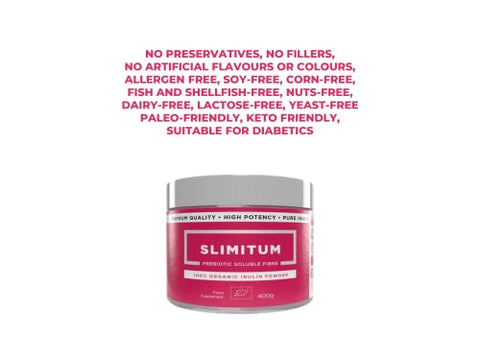 NUTRIISH - SLIMITUM Pó Orgânico de Inulina (Agave) – 01 Embalagem Fibra Prebiótica de Inulina para Saúde do Cólon e Intestino, Qualidade Premium, Suporte Intestinal – 400g