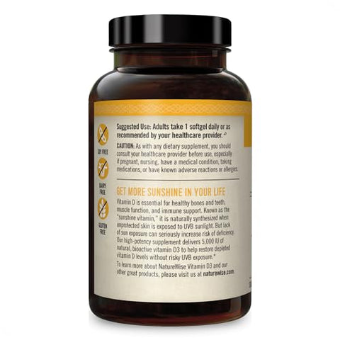 Vitamina D3 5000UI (125 mcg) – Função Muscular Saudável e Suporte Imunológico – Livre de Transgênicos e Glúten – Óleo de Oliva Extra Virgem – Embalagem Variada (Mini Softgel) – 200 Unidades - NatureWise