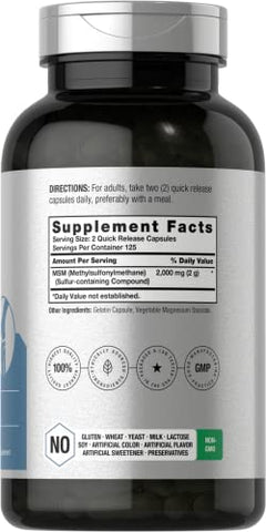 Cápsulas de Suplemento MSM | 2000mg | 250 Unidades | Fórmula Livre de OGM e Glúten | Metilsulfonilmetano - Horbäach