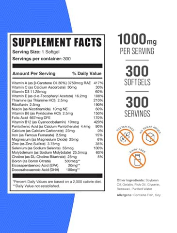 BulkSupplements - Multivitamínico para Homens 50 Plus Softgels – Vitaminas Diárias para Homens, Suplemento Multimineral – Multivitamínico Completo com Óleo de Peixe – 1 Softgel por Porção, 300 g