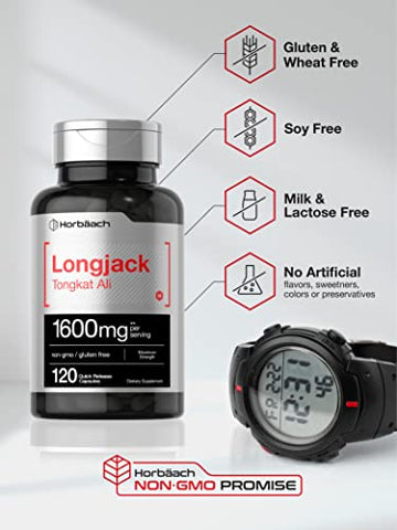 Longjack Tongkat Ali 1600 mg | 120 Cápsulas | Extrato de Raiz de Longifolia em Pó | Fórmula de Força Máxima | Livre de OGM, Sem Glúten - Horbäach