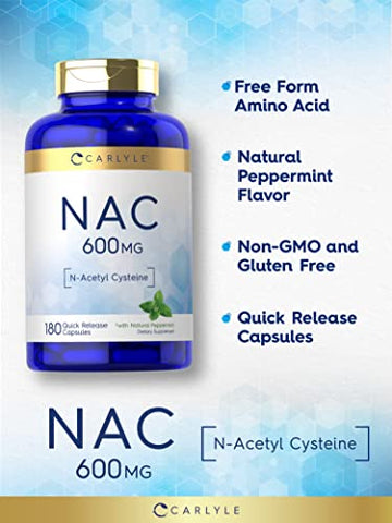 NAC N-Acetil Cisteína 600mg | 180 Cápsulas | com Hortelã-Pimenta | Suplemento em Forma Livre | Não-OGM, Sem Glúten | Carlyle - Carlyle