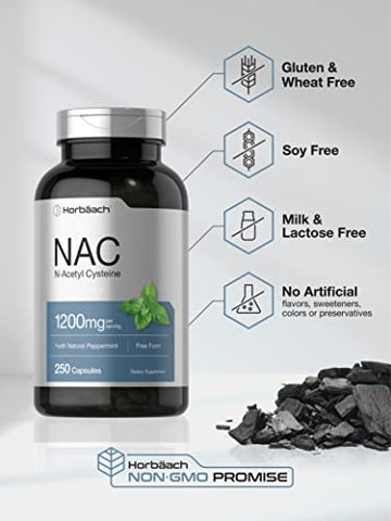 Suplemento Horbäach NAC N-Acetil Cisteína 1200mg | 250 Cápsulas | com Hortelã-Pimenta Natural | Livre de Transgênicos, Sem Glúten