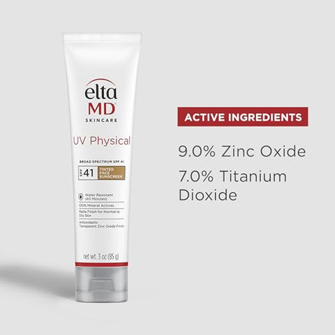 EltaMD UV Physical Protetor Solar Tonalizante para o Rosto, FPS 41, Protetor Solar Tonalizante 100%% Mineral, Tubo de 3.0 oz (85g)