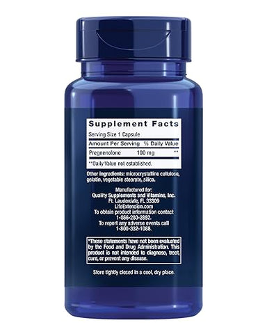 Pregnenolone – Suplemento para equilíbrio hormonal, 100 mg – Equilíbrio hormonal, memória, foco, saúde cognitiva – Sem glúten, Não-OGM, 100 cápsulas - Life Extension
