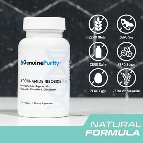 GenuinePurity - Liposomal NR 300mg – Suplemento de Nicotinamida Ribosídeo Avançado para Energia Celular e Função Mitocondrial – Livre de Glúten, Vegano – Fabricado nos EUA – Não-OGM – 60 Cápsulas
