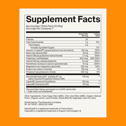 The Absorption Company - Restaurador de Energia – Limonada de Manga – 700mg de Pó de Eletrólitos para Hidratação Pós-Treino ou Manhãs Agitadas, Reforço Imunológico com Vitamina C Lipossomal – Marca Restore