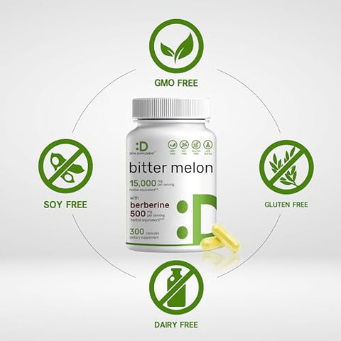 Bitter Melon 15.000mg Por Porção | 300 Cápsulas, com Berberina HCL | Extrato de Fruta de Bitter Melon Selvagem 15:1 | Testado por Terceiros | Baseado em Plantas, Não-OGM | Frete Grátis - DEAL SUPPLEMENT