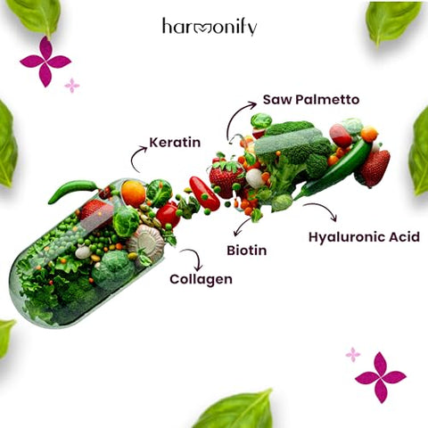HARMONIFY - Complexo de Colágeno Biotina Queratina Saw Palmetto Ácido Hialurônico com Vitamina E, Ácido Fólico, Semente de Abóbora e MSM, Cabelo Pele