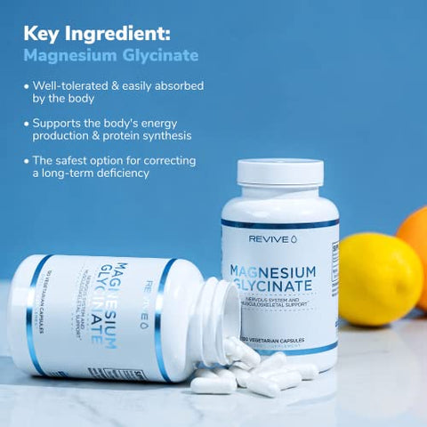Cápsulas de Magnésio Glicinato Puro 200mg por Revive MD – Suplemento de Alta Absorção para Relaxamento
