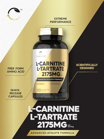 L Carnitine Tartrate | 2175mg | 200 Cápsulas | Fórmula Avançada para Atletas | Suplemento para Treino | Como L-Carnitina L-Tartarato | Não-OGM, Sem Glúten - Carlyle