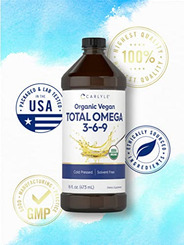 Omega 3 6 9 | 473 ml | Prensado a Frio | Orgânico Certificado, Suplemento Vegano | Vegetariano, Não-OGM, Livre de Glúten e Solventes - Carlyle