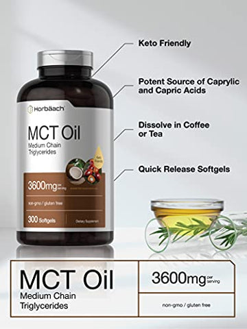 Keto MCT Oil Pills | 3600mg | 300 Softgels | Cápsulas de Óleo de Coco | Fórmula Livre de OGM e Glúten | Suplemento de Alta Potência e Tamanho Grande - Horbäach