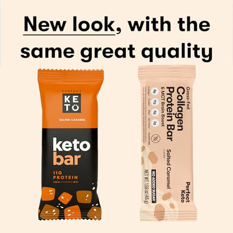 Barra de Proteína de Colágeno Perfect Keto, Sem Glúten com Colágeno de Pasto e Óleo MCT, Baixo Carboidrato, Sem Adição de Açúcar, Lanches de Alta Proteína, Alimentos para Dieta Keto, 10g de Proteína, 19g de Gordura, 2g de Carboidratos Líquidos