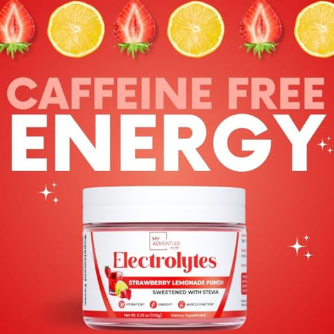 My Adventure to Fit - Zero Sugar – Pó de Eletrólitos de Limonada de Morango – Hidratação Refrescante – Energia Livre de Cafeína – Ingredientes Naturais – Vegano, Keto