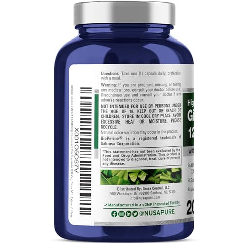 Extrato de Ginkgo Biloba 12.500mg por Cápsula Vegetal 200 Cápsulas (Vegetariano, Não-OGM, Vegano, Extrato 50:1) Bioperina - NusaPure
