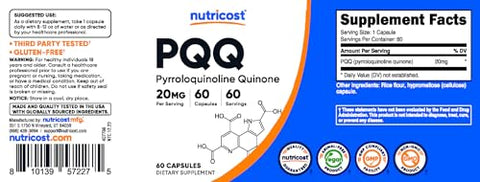 PQQ 20mg – 60 Cápsulas Vegetarianas, Livre de GMO e Glúten - Nutricost