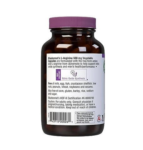 Nutrition L-Arginine 500mg: Aminoácido Livre, Precursor de Óxido Nítrico, Sem Soja, Sem Glúten, Não-OGM, Certificado Kosher, Vegano, 100 Cápsulas Vegetais - Bluebonnet