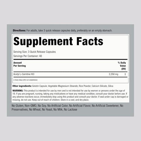 Acetyl L-Carnitine | 2250 mg | 120 Cápsulas | Suplemento Terapêutico HCL | Livre de OGM, Sem Glúten - Piping Rock