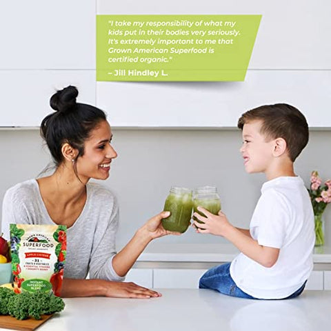 GA Grown American - Grown American Superfood – Pó Verde Concentrado de 31 Frutas e Vegetais Orgânicos Aumenta Energia e Desempenho – 100% Certificado Orgânico e Vegano Não-OGM (28g)