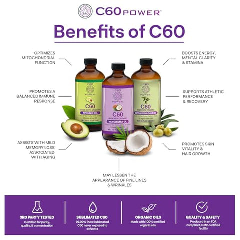 C60 Purple Power - C60 Power – Óleo de Coco MCT Orgânico 60 Cápsulas – 99,99% de Carbono Fullerenos Puros – Melhore a Função Mitocondrial