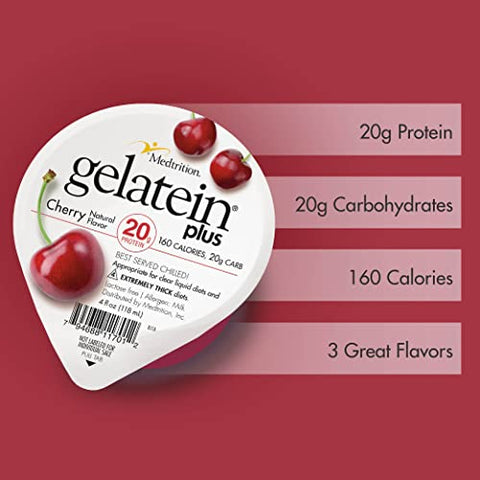 Medtrition - Gelatein Plus Cherry: 20g de proteína. Ideal para dietas líquidas, dificuldades de deglutição, diálise e oncologia. Ótimo lanche pré ou pós-treino. (12 unidades)