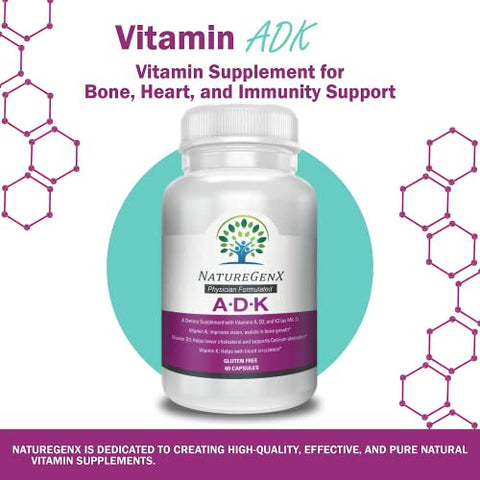 NatureGenX - ADK Vitaminas 5000 UI – Alta Potência para Saúde Óssea e Absorção de Cálcio | Sem Glúten, 60 Dias de Suprimento, 60 Cápsulas