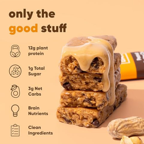 Generic - IQ BAR – Barra de Proteína Vegetal para o Cérebro e o Corpo – Peanut Butter Chip – 12 Unidades, Baixo Carboidrato, Alta Fibra, Sem Glúten, Lanche Vegano – Baixo Açúcar – Alta Proteína