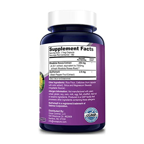 Rhodiola Rosea 7,500mg 180 Cápsulas Vegetais (Não-OGM, Extrato 30:1, Vegano) - NusaPure