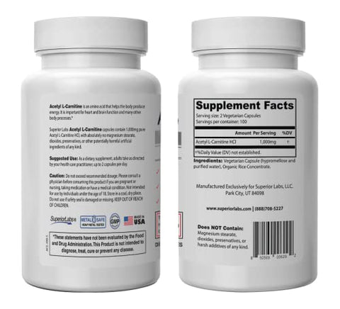 Acetyl L-Carnitina 1000mg | 200 cápsulas | Absorção Máxima | Cápsulas Vegetais Puras | Zero Aditivos Sintéticos | Absorção Superior - Superior Labs