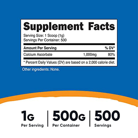 Pó de Ascorbato de Cálcio (Vitamina C e Cálcio), 500g – Livre de Transgênicos e Glúten - Nutricost