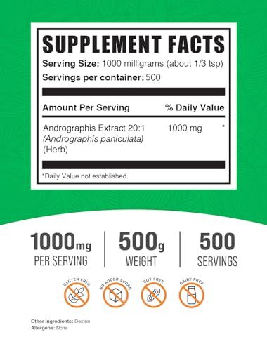 Andrographis Extract Powder – Andrographis Paniculata, Herbal Supplement – Gluten Free, 1000mg por Porção, 500g (1.1 lbs) (Embalagem de 1) | BulkSupplements.com