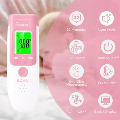Snomd - Termômetro Digital de Testa Infravermelho sem Contato para Adultos e Crianças, 3 em 1 Termômetro Médico para Bebês com Tela LCD Retroiluminada