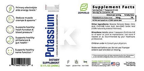 Zemvelo - Suplemento de Citrato de Potássio Líquido Iônico | Eletrólito de Potássio | Apoio ao Coração Saudável | Equilíbrio do pH Intestinal | Apoio à Saúde Muscular | 240ml, 48 Dias de Fornecimento