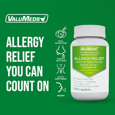 24-Hour Allergy Medicine (300-Count) | Antialérgico para Pólen, Rinite Alérgica, Olhos Secos e Coceira | Cetirizina HCl 10mg, Comparável ao Zyrtec - ValuMeds