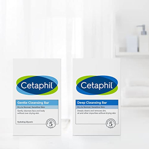 Sabonete em Barra Cetaphil, Limpeza Profunda para Rosto e Corpo, 130g (Pack com 6), Para Pele Seca a Normal, Sensível, Livre de Sabão, Hipoalergênico, Sem Parabenos, Remove Maquiagem, Sujeira e Oleosidade